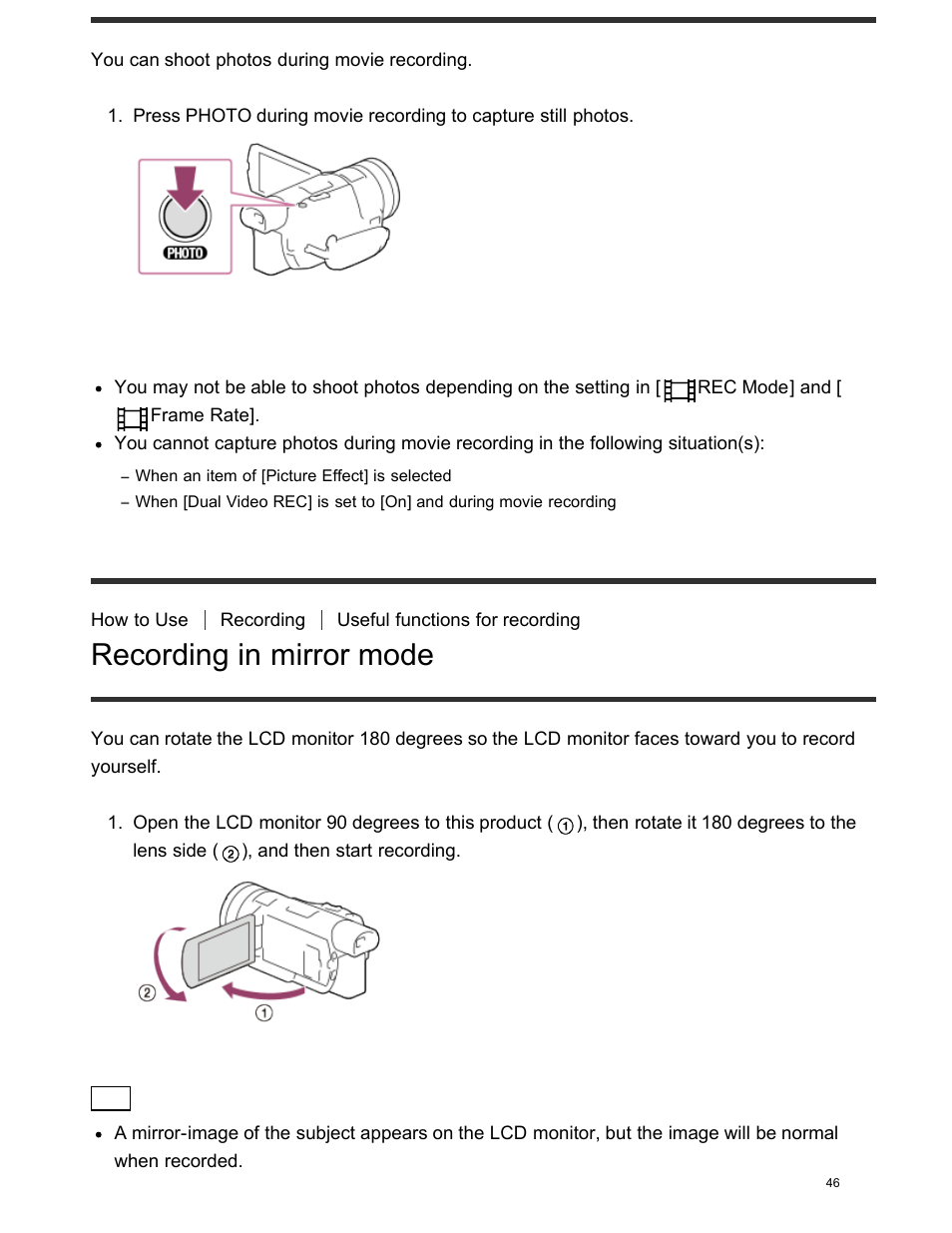 Recording in mirror mode, Intelligent auto | Sony FDR-AX100 User Manual | Page 58 / 204