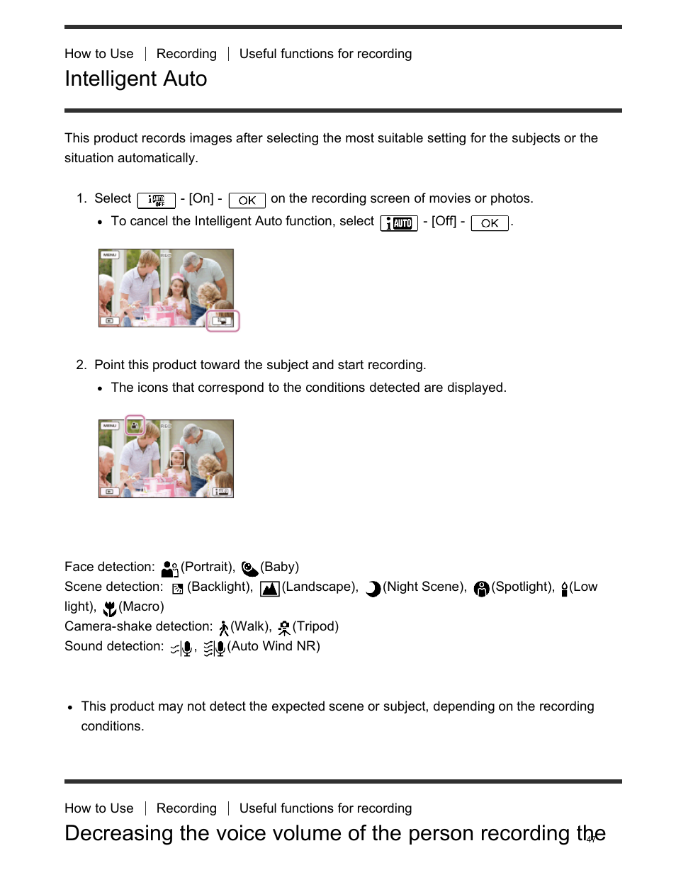 Intelligent auto | Sony FDR-AX100 User Manual | Page 59 / 204