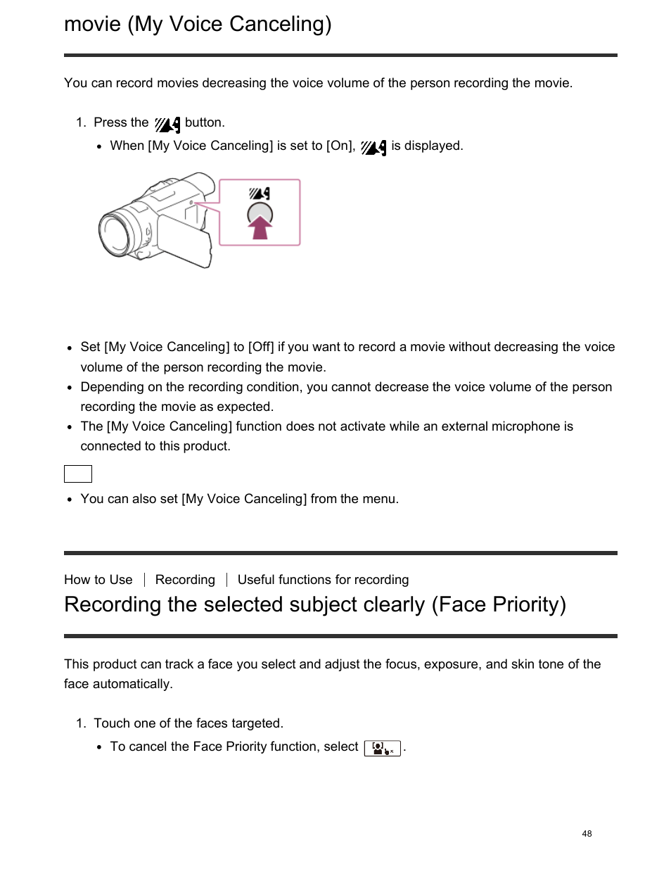Themovie (my voice canceling), Movie (my voice canceling) | Sony FDR-AX100 User Manual | Page 60 / 204