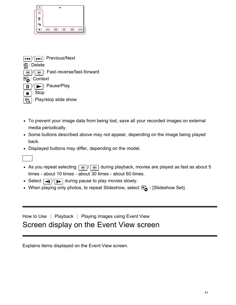 Screen display on the event view screen, Event view screen, Buttons for playback operations | Sony FDR-AX100 User Manual | Page 63 / 204