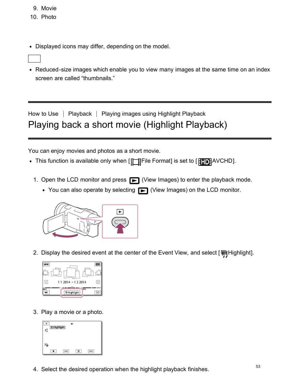 Playing back a short movie (highlight playback) | Sony FDR-AX100 User Manual | Page 65 / 204