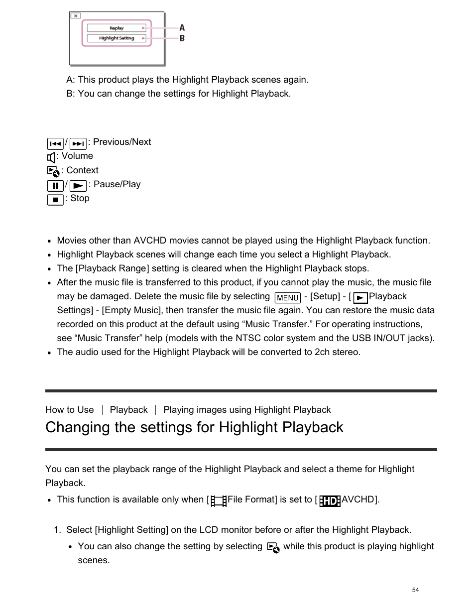 Changing the settings for highlight playback, Buttons for playback operations, Descriptions of menu items | Sony FDR-AX100 User Manual | Page 66 / 204