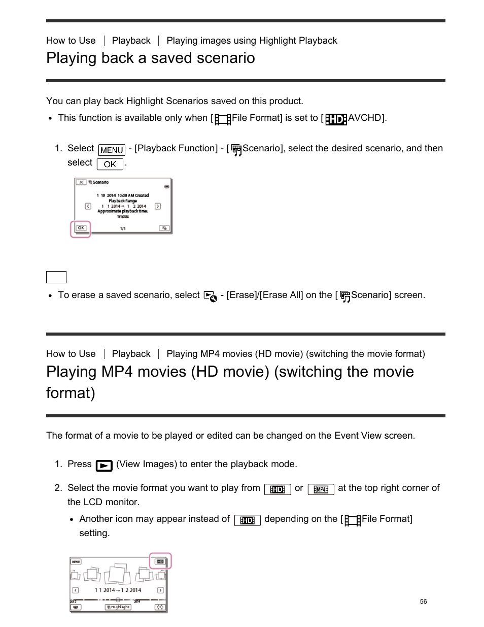 Playing mp4 movies (hd movie) (switching the movie, Format), Playing back a saved scenario | Sony FDR-AX100 User Manual | Page 68 / 204