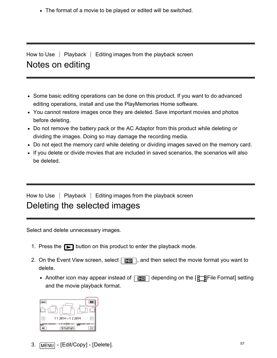 Notes on editing, Deleting the selected images | Sony FDR-AX100 User Manual | Page 69 / 204