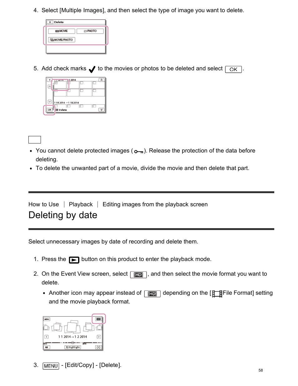 Deleting by date | Sony FDR-AX100 User Manual | Page 70 / 204