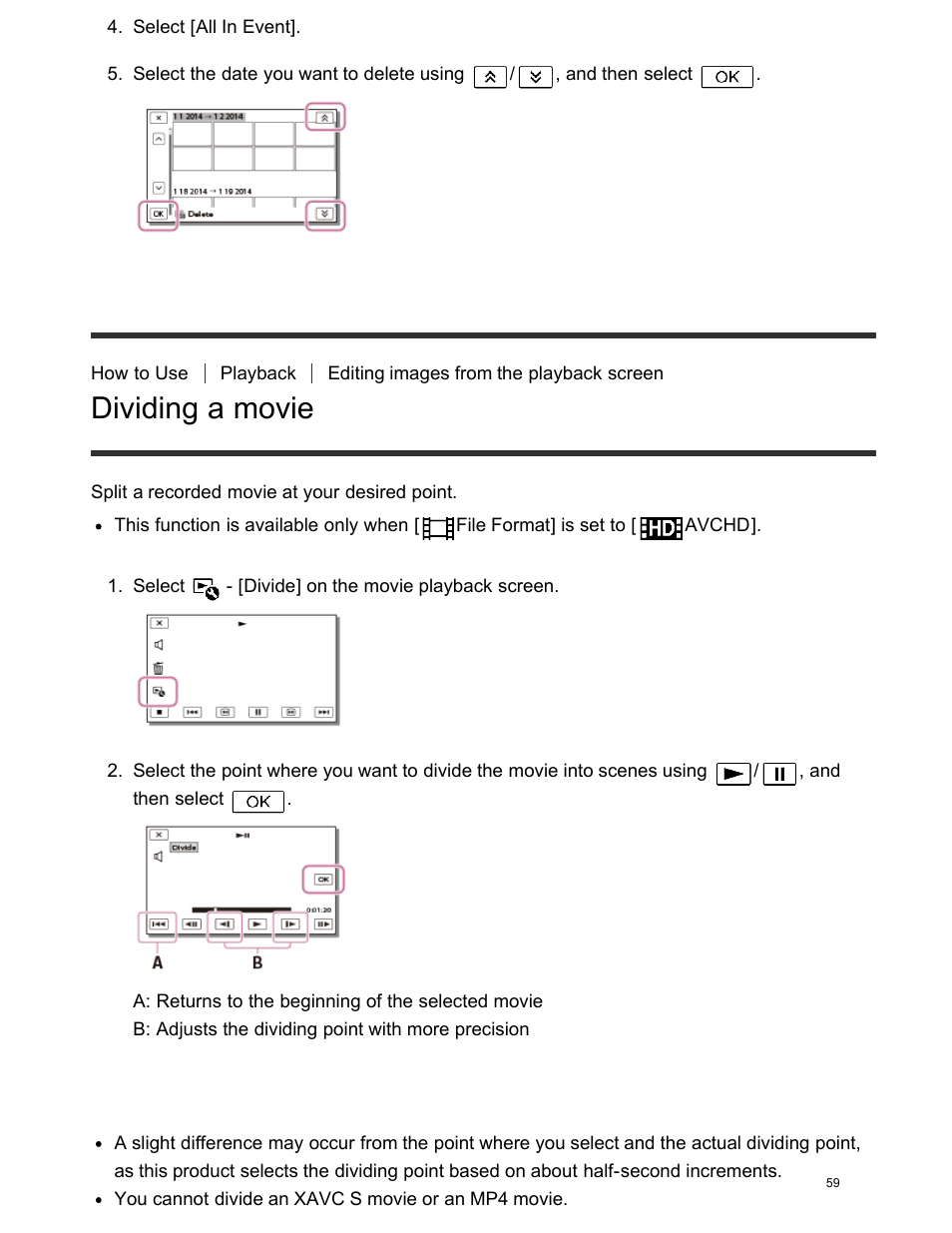 Dividing a movie | Sony FDR-AX100 User Manual | Page 71 / 204