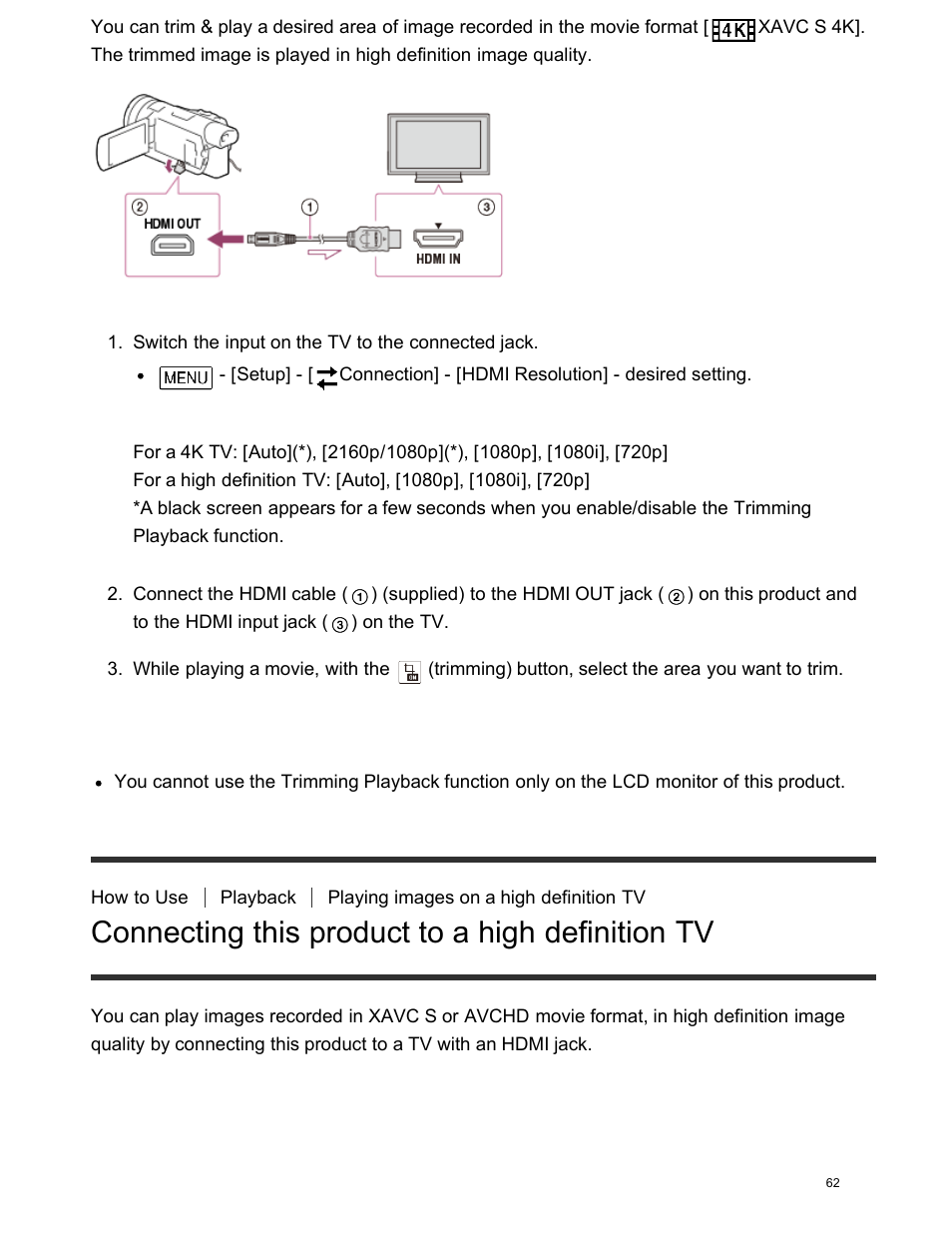 Connecting this product to a high definition tv | Sony FDR-AX100 User Manual | Page 74 / 204