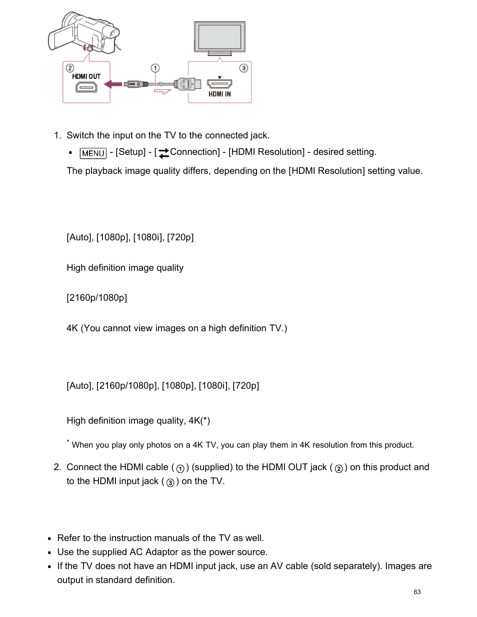 Connecting this product to a high definition tv, Enjoying 5.1ch surround sound, When the movie format is xavc s hd or avchd | Sony FDR-AX100 User Manual | Page 75 / 204