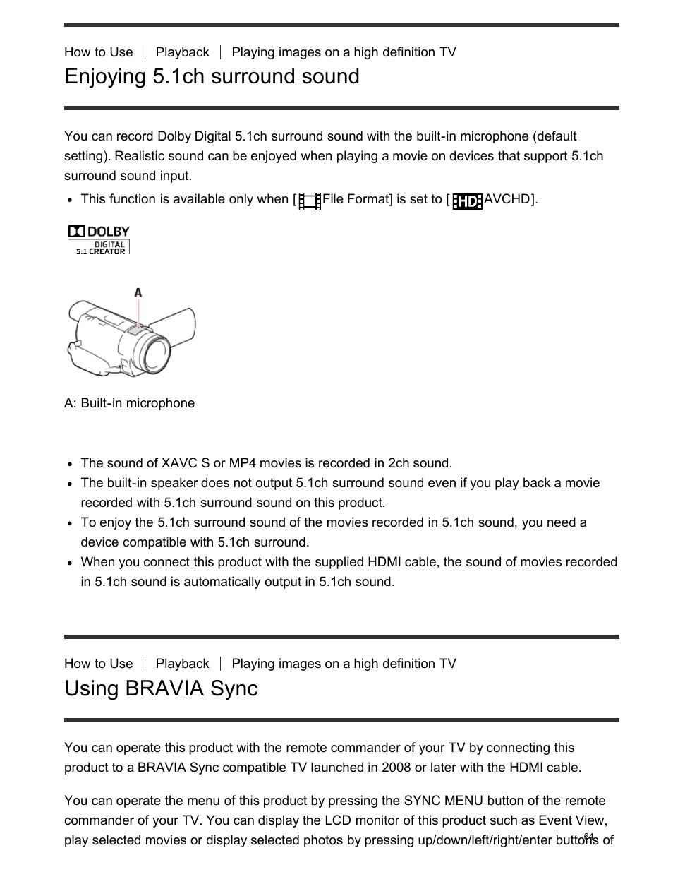 Enjoying 5.1ch surround sound, Using bravia sync | Sony FDR-AX100 User Manual | Page 76 / 204