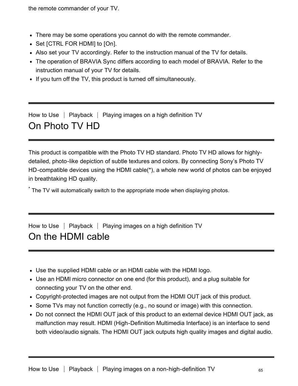 On photo tv hd, On the hdmi cable | Sony FDR-AX100 User Manual | Page 77 / 204