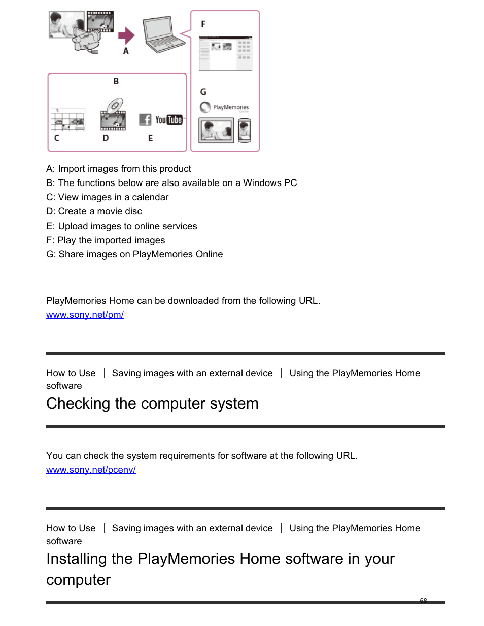 Checking the computer system, Installing the playmemories home software in your, Computer | Sony FDR-AX100 User Manual | Page 80 / 204