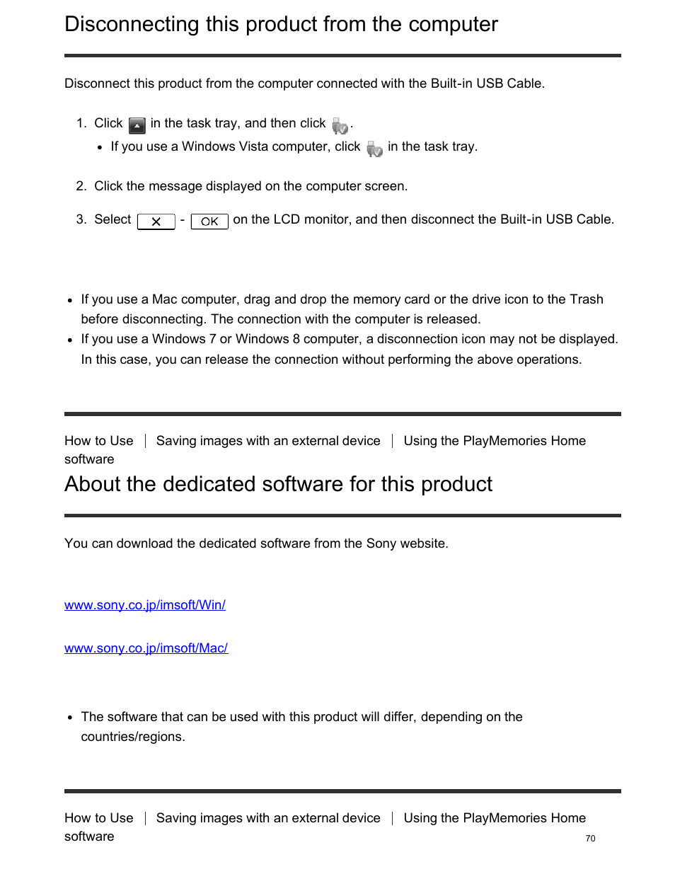 Disconnecting this product from the computer, About the dedicated software for this product, Creating a blu-ray disc | Sony FDR-AX100 User Manual | Page 82 / 204