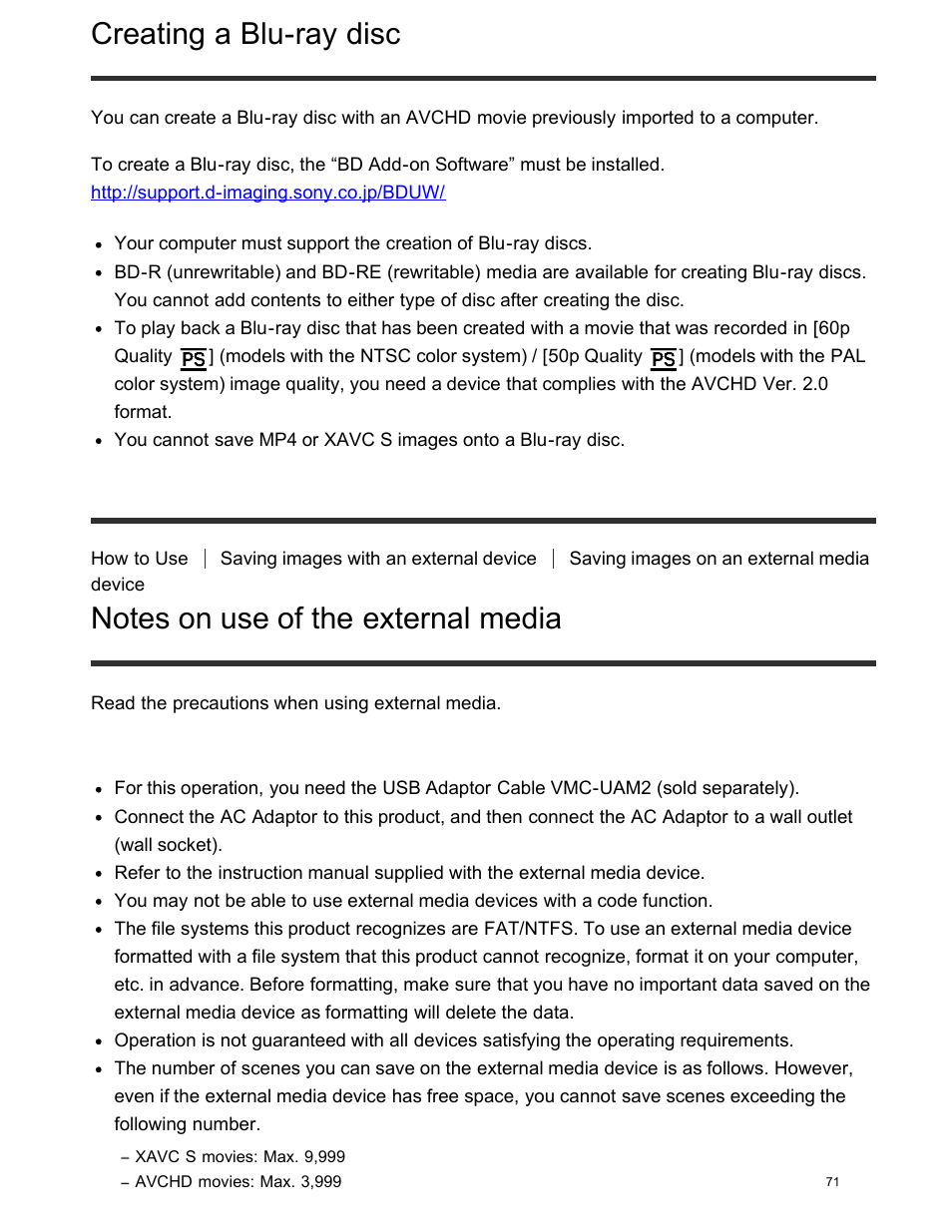 Creating a blu-ray disc, Notes on use of the external media | Sony FDR-AX100 User Manual | Page 83 / 204