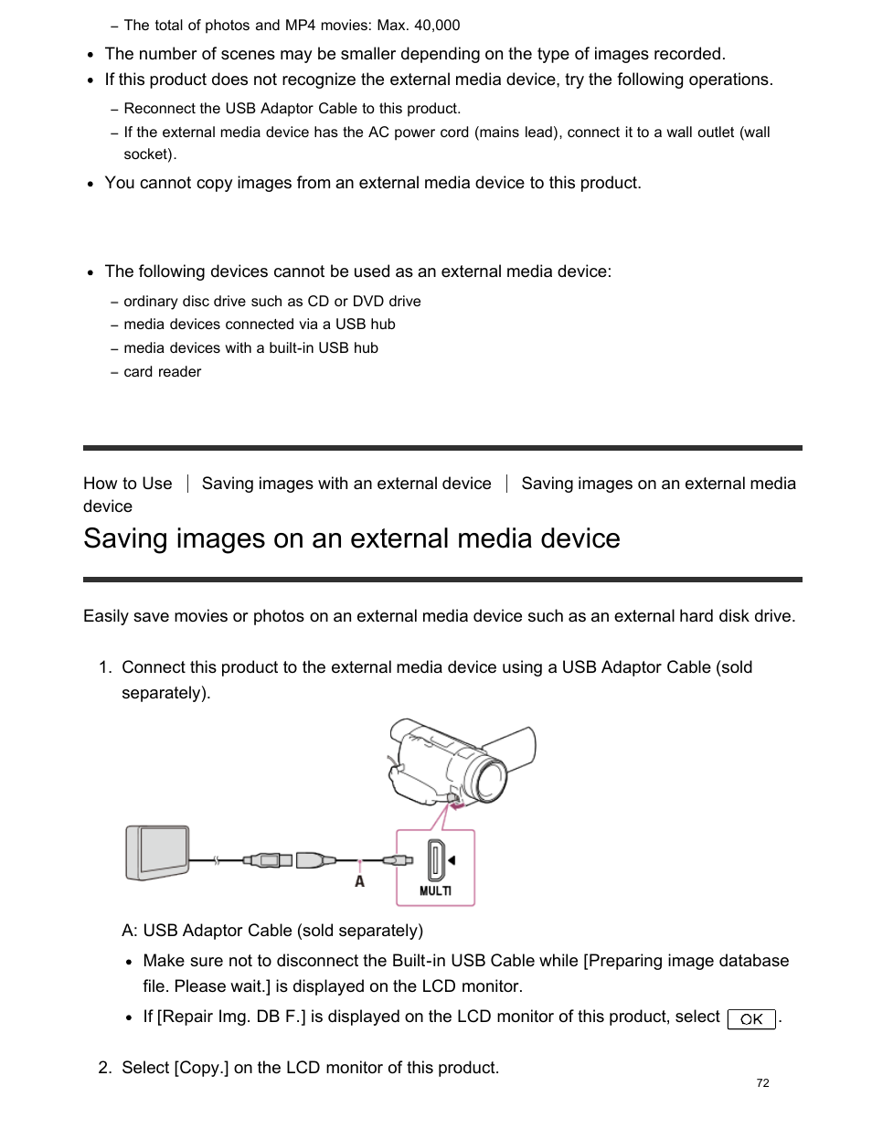 Saving images on an external media device | Sony FDR-AX100 User Manual | Page 84 / 204
