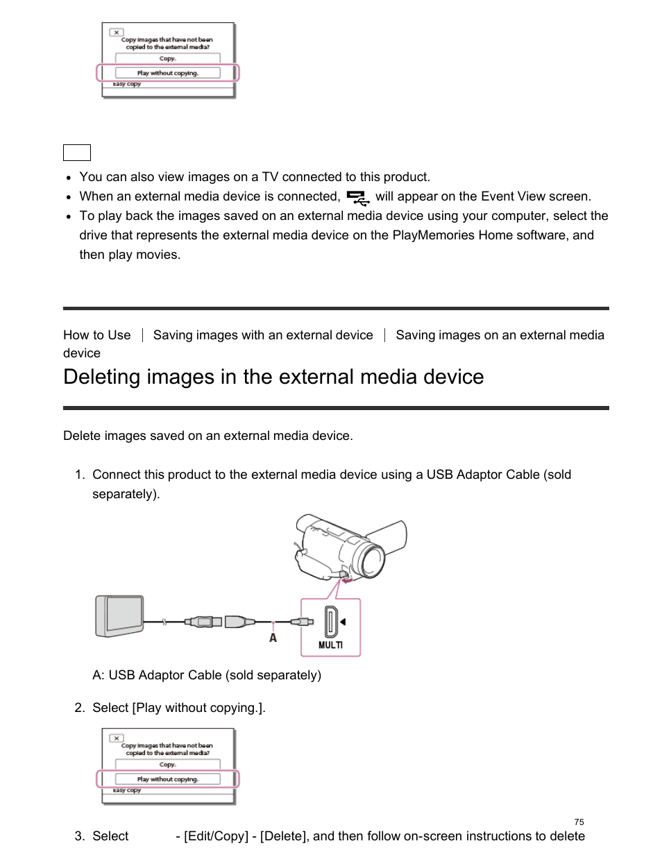 Deleting images in the external media device | Sony FDR-AX100 User Manual | Page 87 / 204