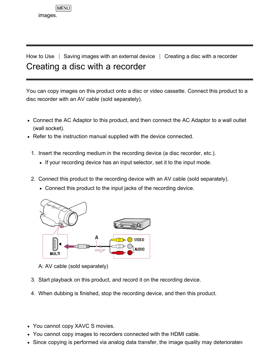 Creating a disc with a recorder | Sony FDR-AX100 User Manual | Page 88 / 204