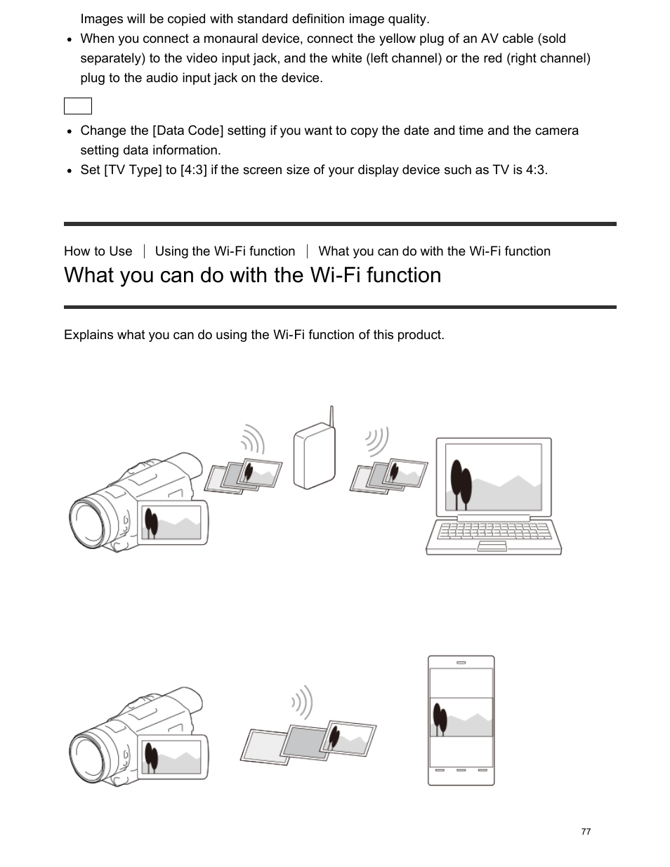 What you can do with the wi-fi function | Sony FDR-AX100 User Manual | Page 89 / 204