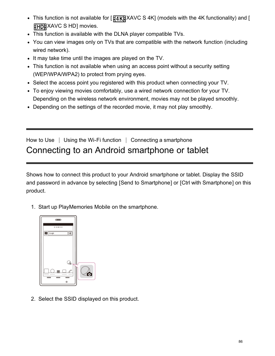 Connecting to an android smartphone or tablet | Sony FDR-AX100 User Manual | Page 98 / 204
