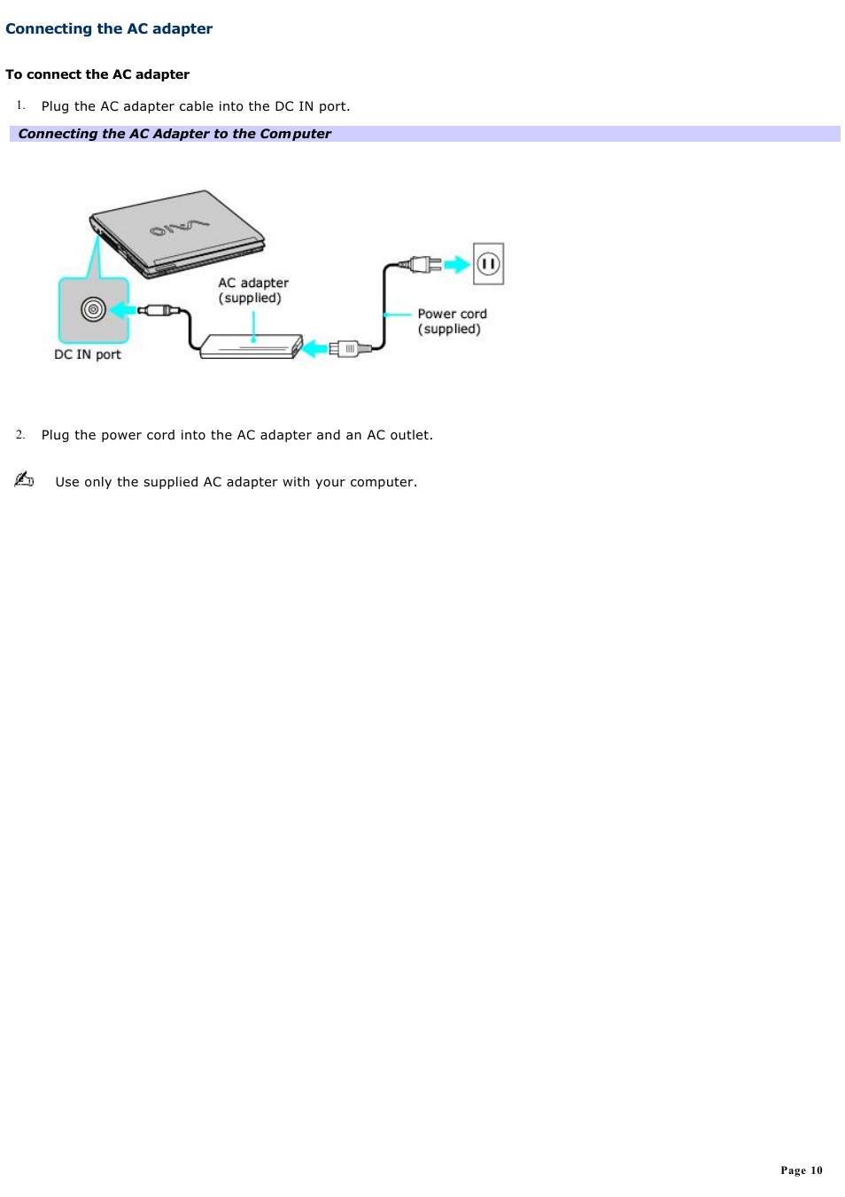 Connecting the ac adapter | Sony PCG-V505EXP User Manual | Page 10 / 148