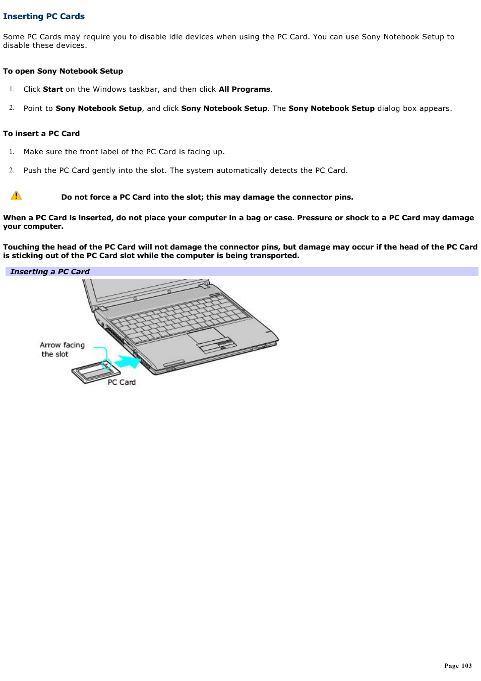 Inserting pc cards | Sony PCG-V505EXP User Manual | Page 103 / 148