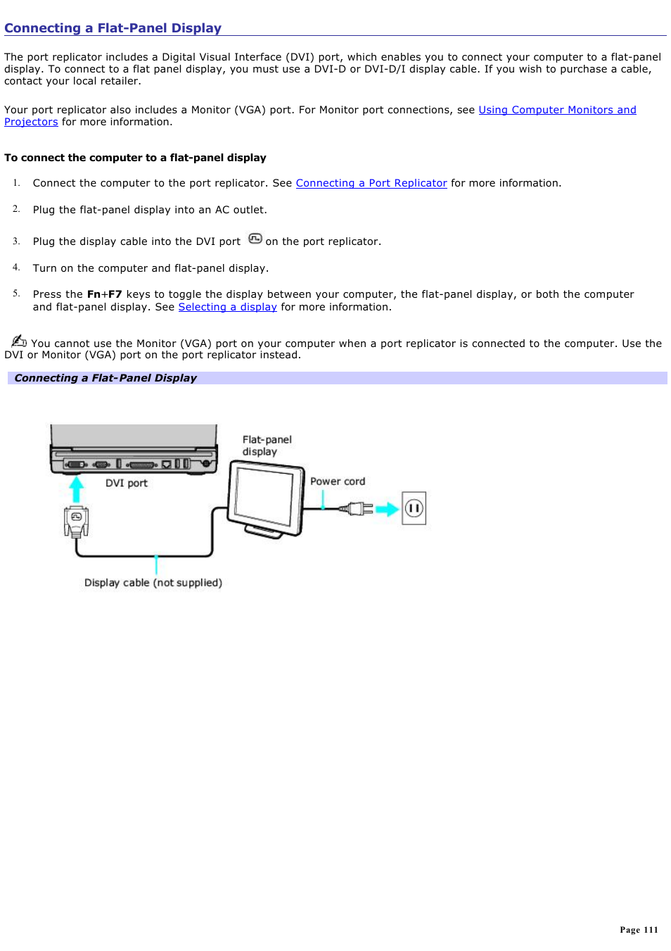 Connecting a flat-panel display | Sony PCG-V505EXP User Manual | Page 111 / 148