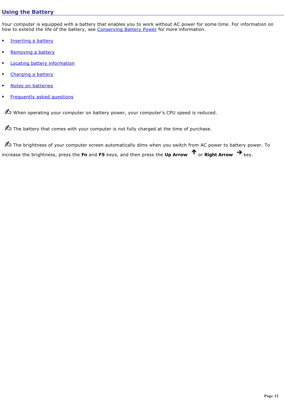 Using the battery | Sony PCG-V505EXP User Manual | Page 12 / 148