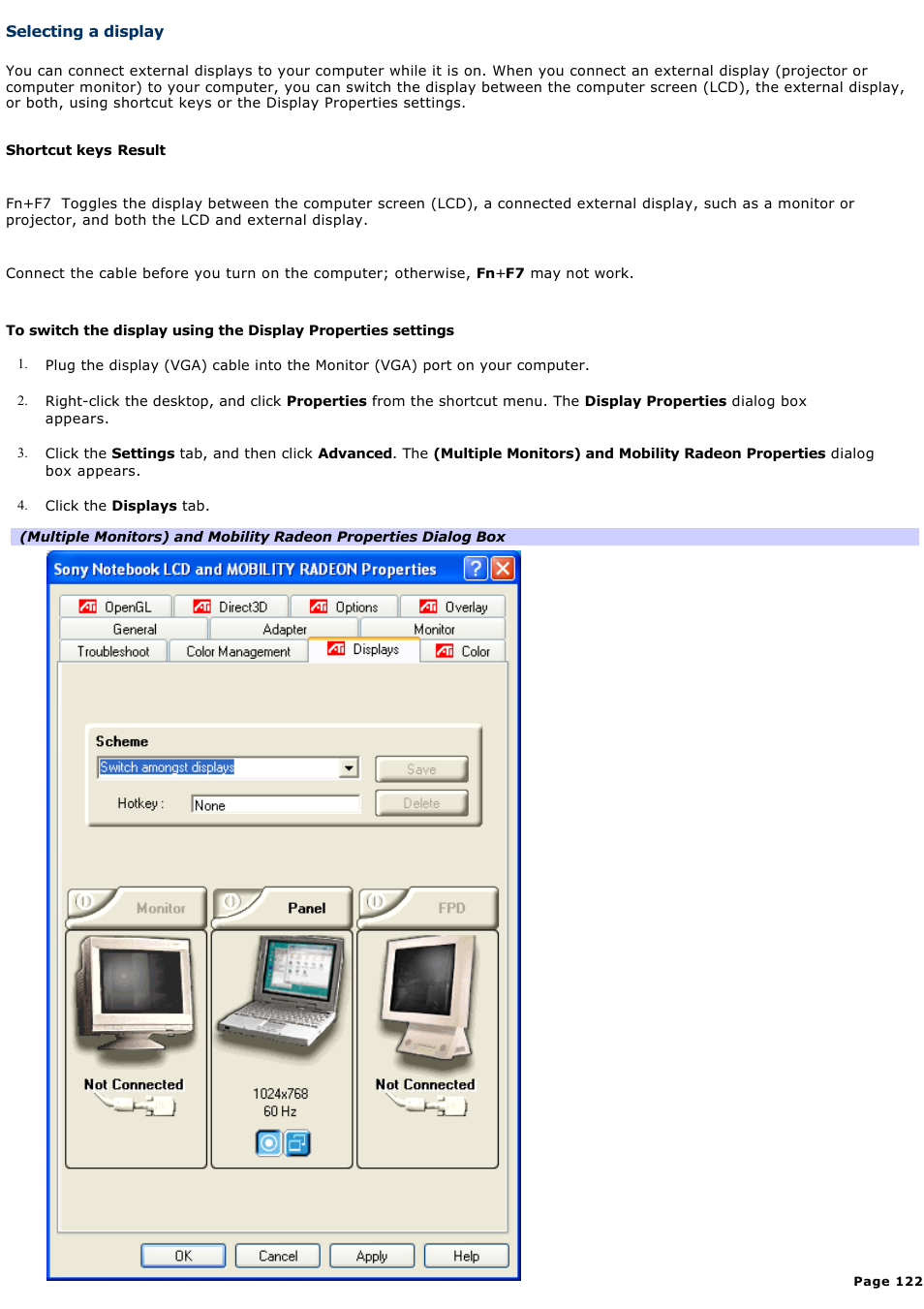 Selecting a display, And flat-panel display. see, For more information | Sony PCG-V505EXP User Manual | Page 122 / 148