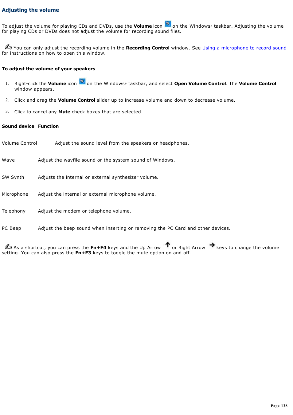 Adjusting the volume | Sony PCG-V505EXP User Manual | Page 128 / 148