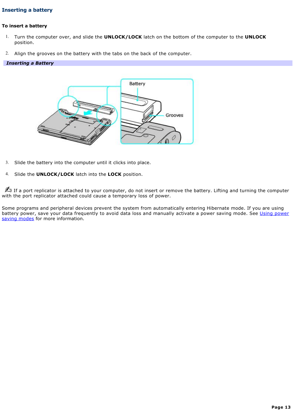 Inserting a battery | Sony PCG-V505EXP User Manual | Page 13 / 148