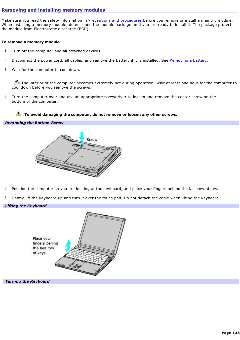 Removing and installing memory modules | Sony PCG-V505EXP User Manual | Page 138 / 148