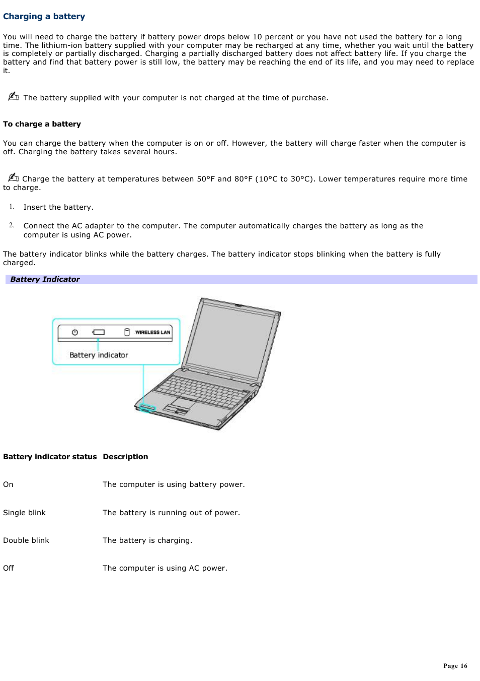 Charging a battery | Sony PCG-V505EXP User Manual | Page 16 / 148