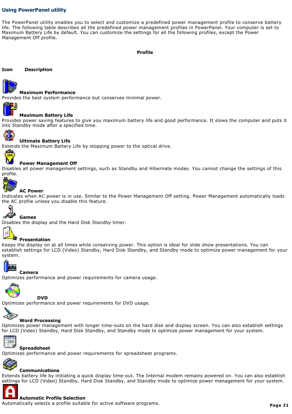 Using powerpanel utility | Sony PCG-V505EXP User Manual | Page 21 / 148