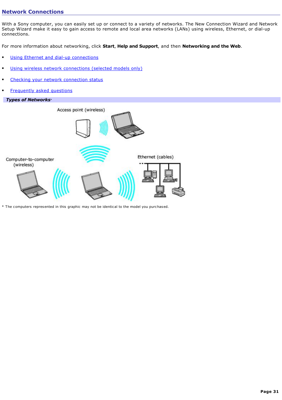 Network connections | Sony PCG-V505EXP User Manual | Page 31 / 148