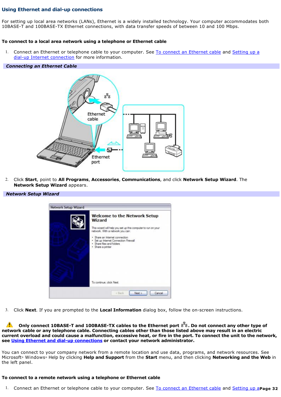 Using ethernet and dial-up connections | Sony PCG-V505EXP User Manual | Page 32 / 148