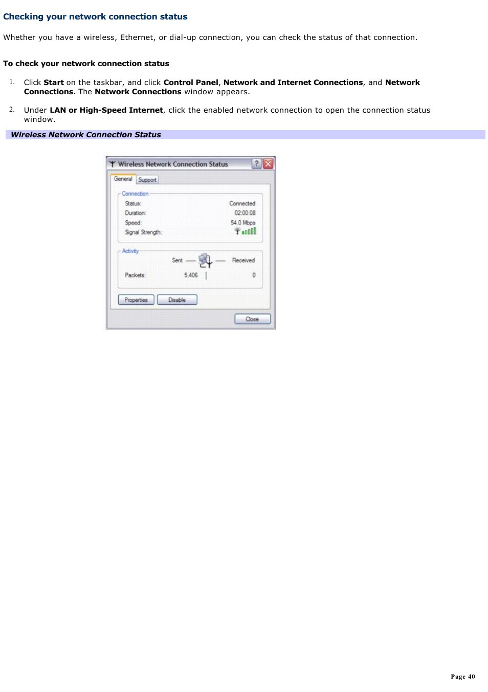 Checking your network connection status | Sony PCG-V505EXP User Manual | Page 40 / 148