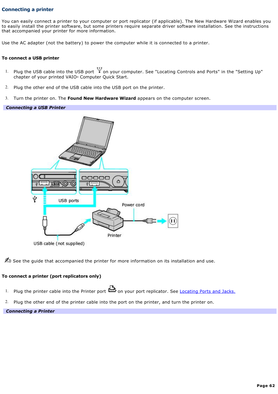 Connecting a printer | Sony PCG-V505EXP User Manual | Page 62 / 148