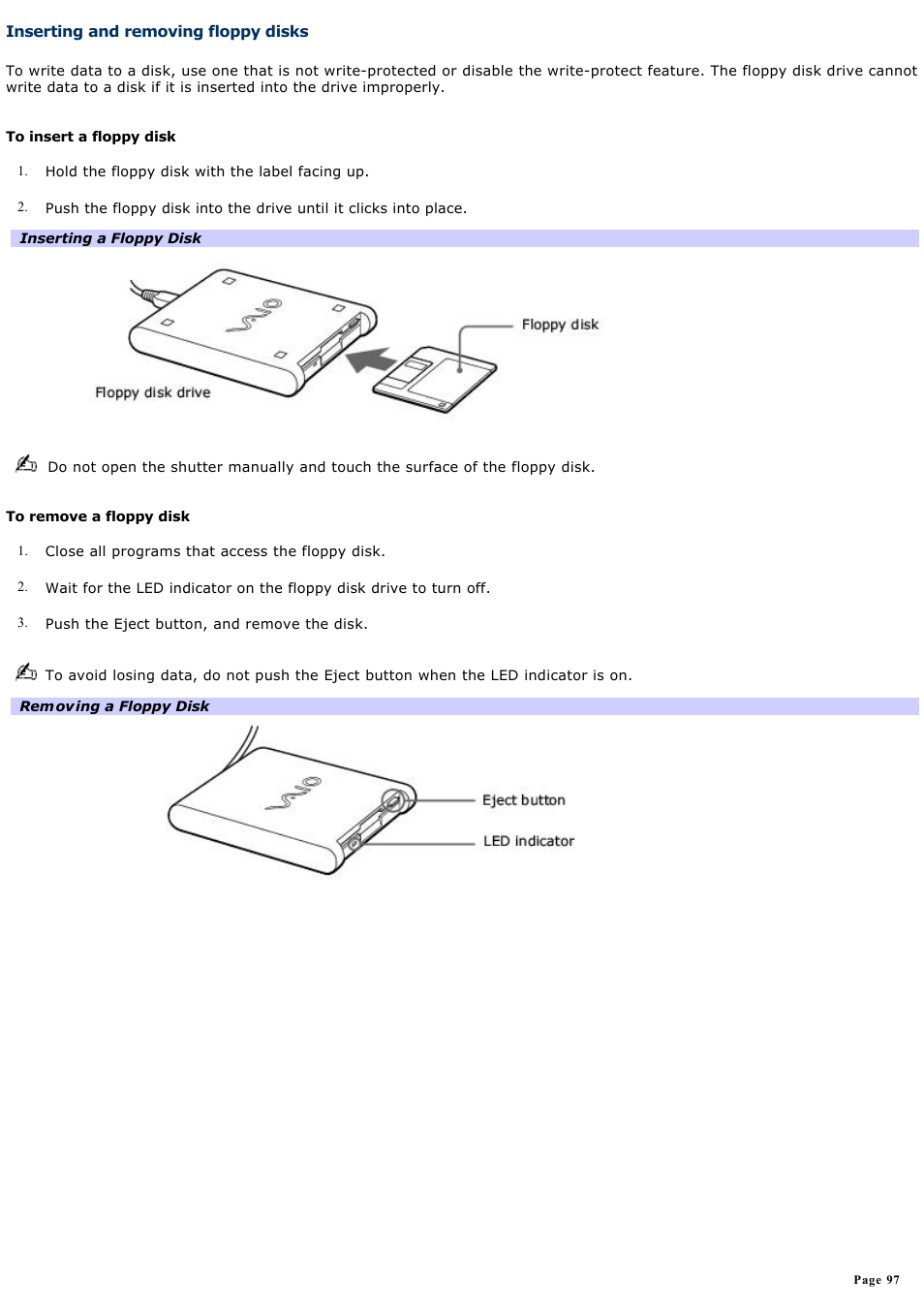 Inserting and removing floppy disks | Sony PCG-V505EXP User Manual | Page 97 / 148