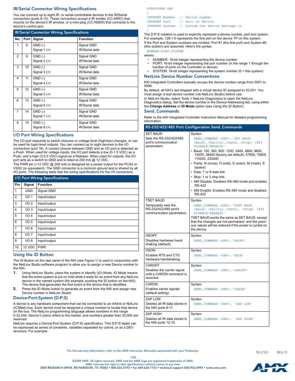 Ir/serial connector wiring specifications, I/o port wiring specifications, Using the id button | Device:port:system (d:p:s), Netlinx device number conventions, Send_commands | AMX NetLinx Integrated Controller NXI User Manual | Page 2 / 2