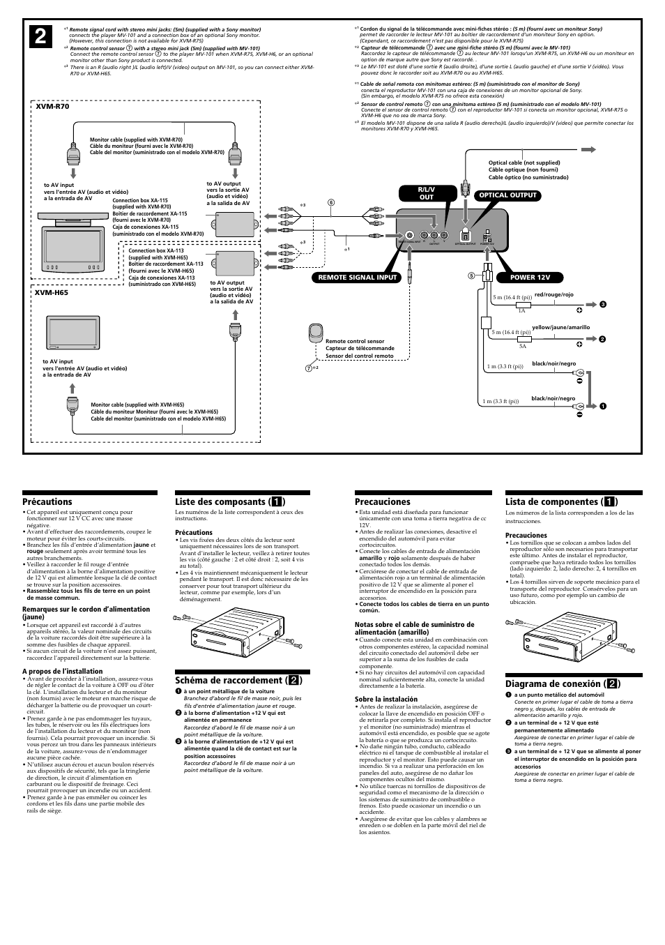 Précautions, Liste des composants ( 1 ), Schéma de raccordement ( 2 ) | Precauciones, Lista de componentes ( 1 ), Diagrama de conexión ( 2 ) | Sony MV-101 User Manual | Page 2 / 4