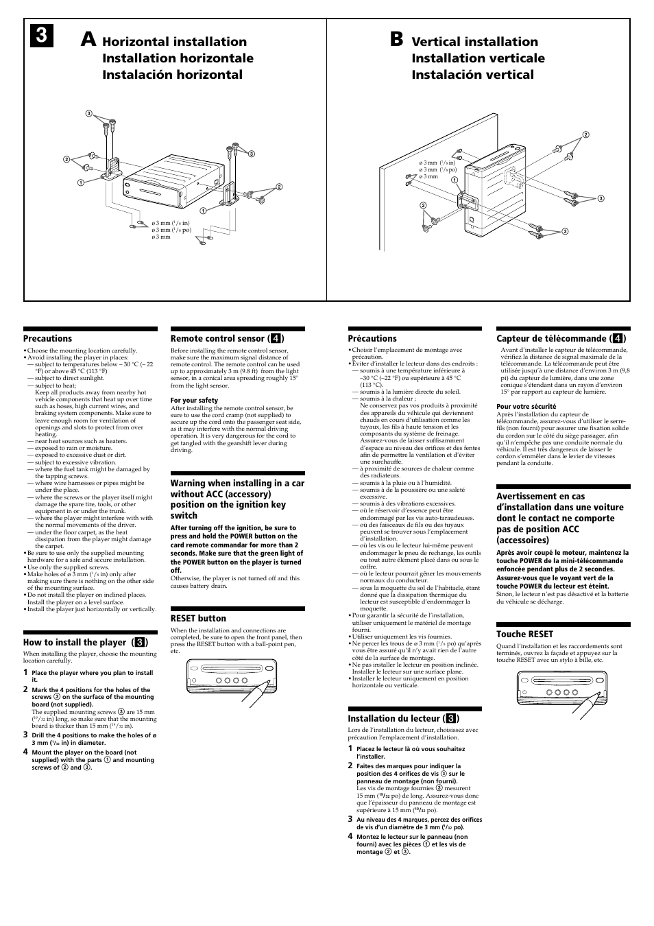 Precautions, How to install the player ( 3 ), Précautions | Installation du lecteur ( 3 ), Remote control sensor ( 4 ), Reset button, Capteur de télécommande ( 4 ), Touche reset | Sony MV-101 User Manual | Page 3 / 4