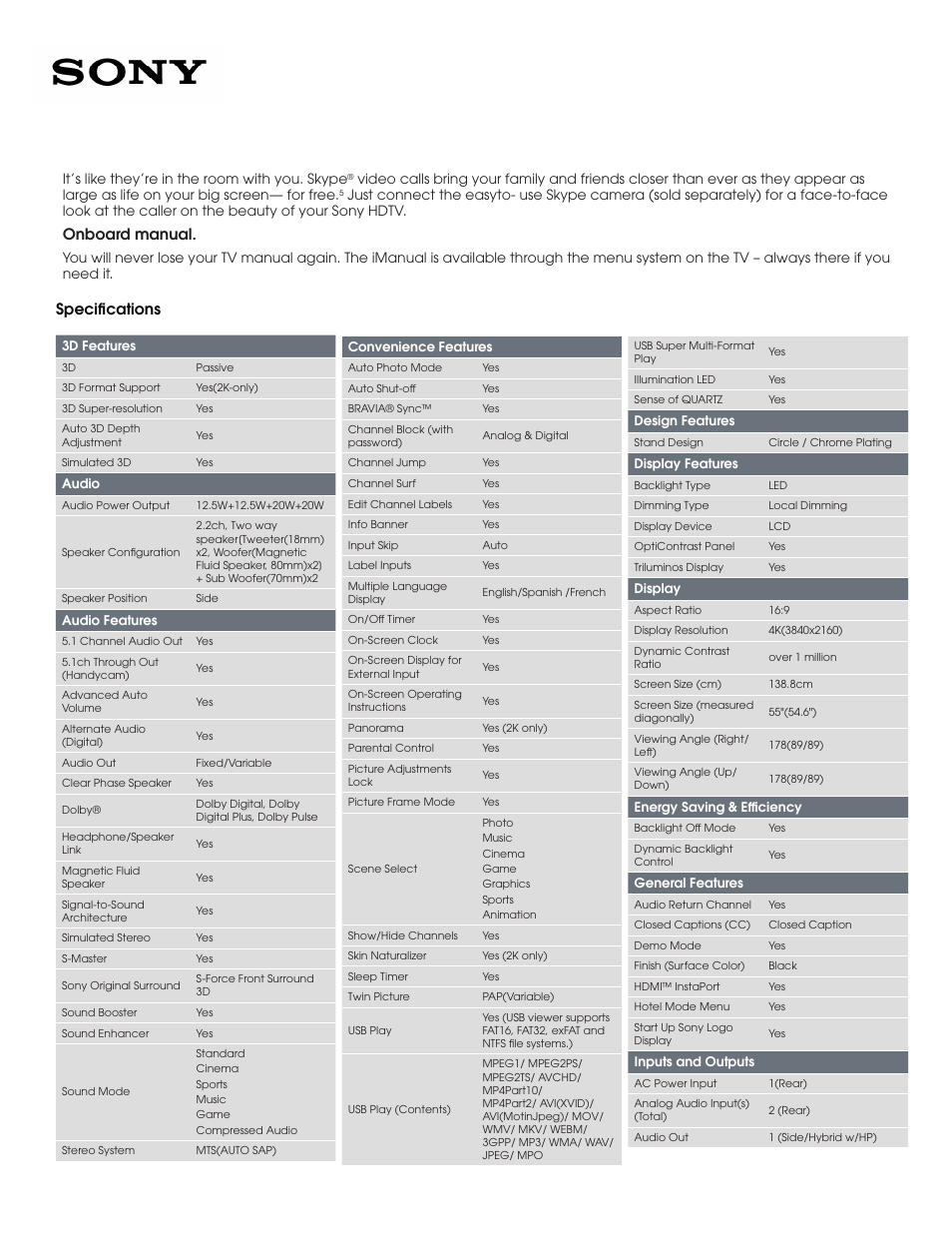 Onboard manual, Specifications, It’s like they’re in the room with you. skype | Sony XBR-55X900A User Manual | Page 3 / 5