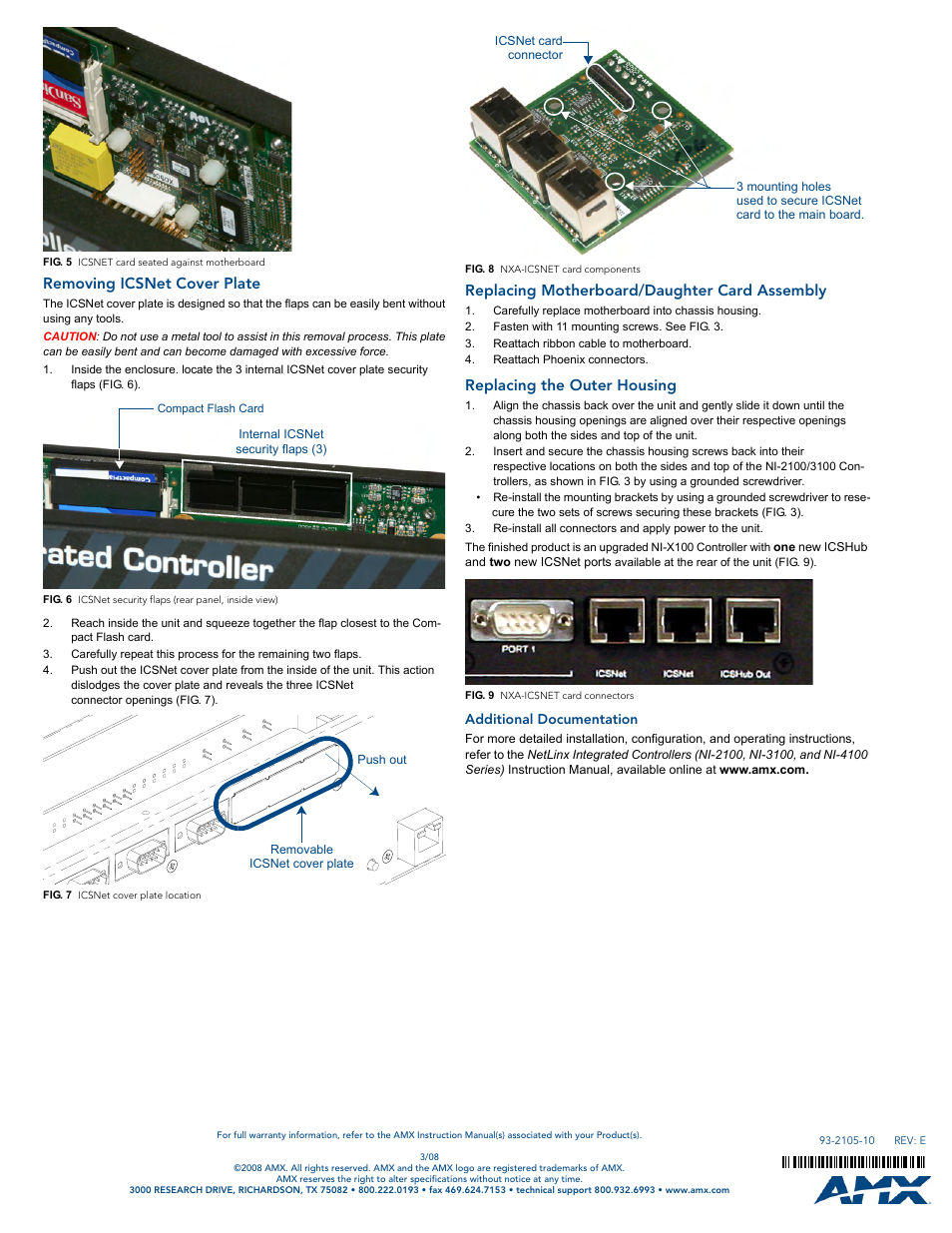 Removing icsnet cover plate, Replacing motherboard/daughter card assembly, Replacing the outer housing | Additional documentation | AMX ICSNet Daughter Card NXA-ICSNET User Manual | Page 2 / 2