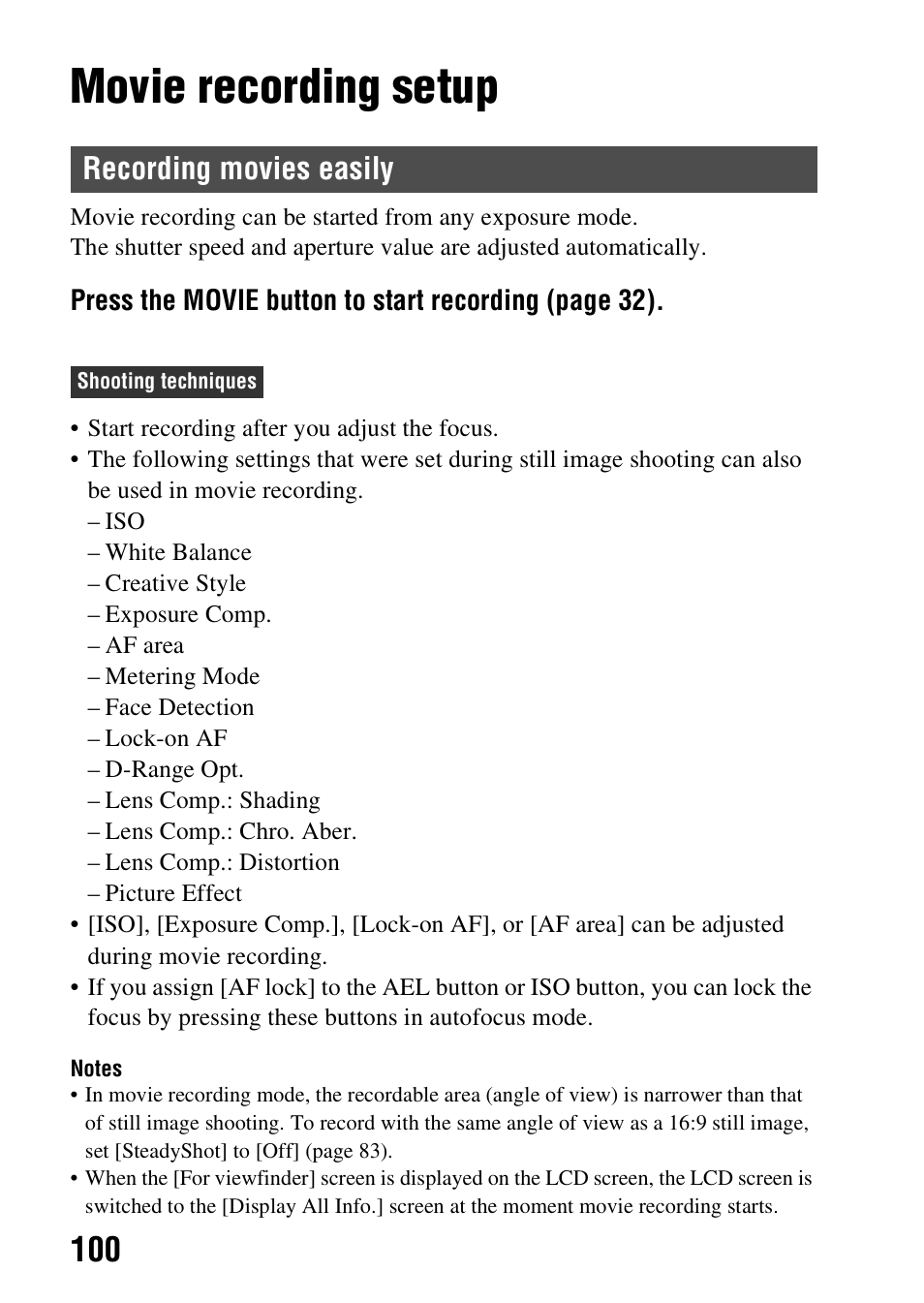 Movie recording setup, Recording movies easily | Sony SLT-A58 User Manual | Page 100 / 215