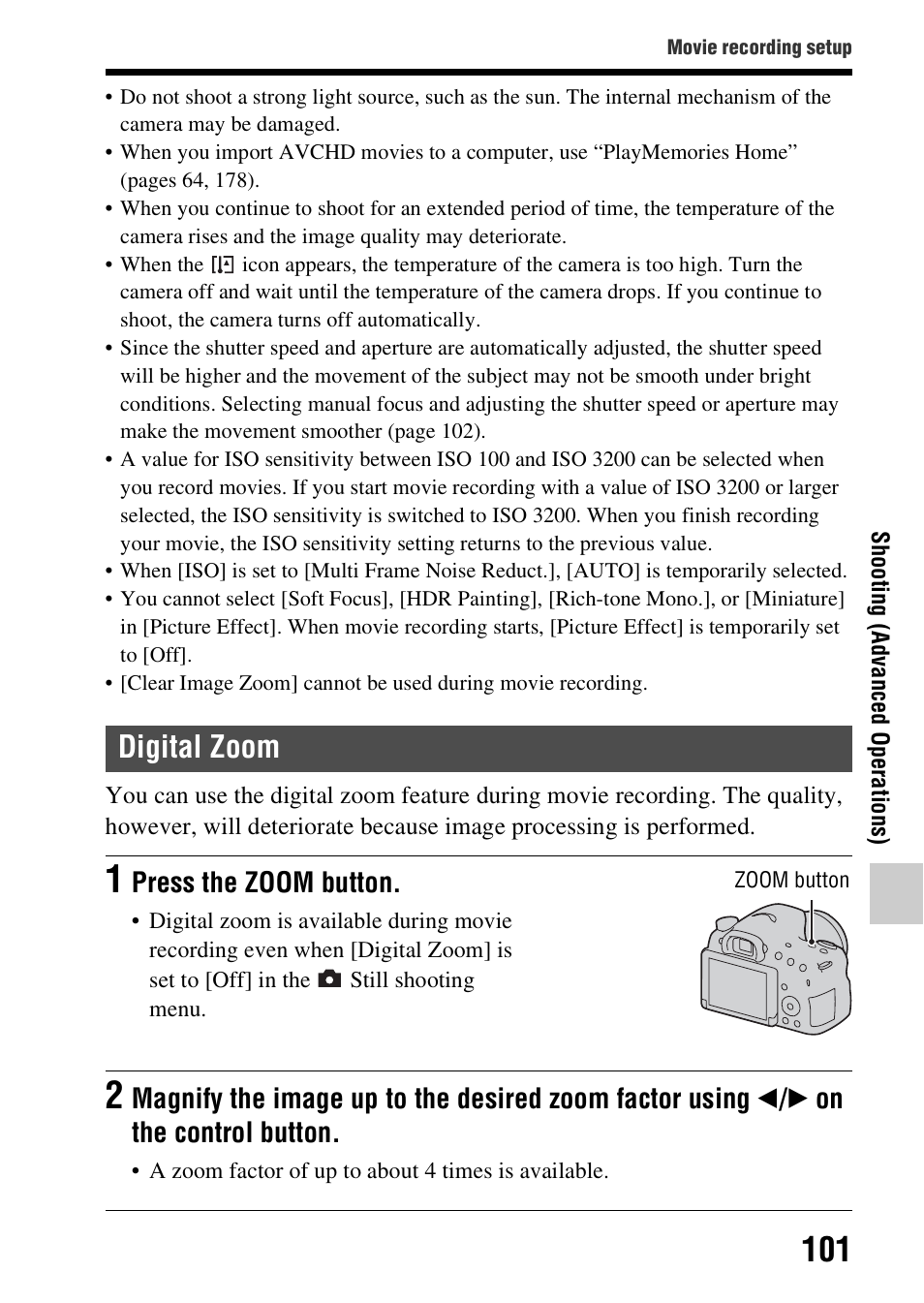 Digital zoom, Press the zoom button | Sony SLT-A58 User Manual | Page 101 / 215