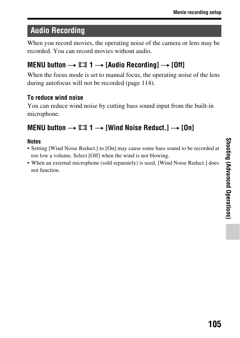 Audio recording | Sony SLT-A58 User Manual | Page 105 / 215