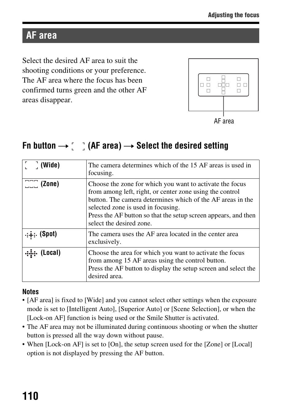 Af area, A (110), Ea (110) | Fn button t (af area) t select the desired setting | Sony SLT-A58 User Manual | Page 110 / 215