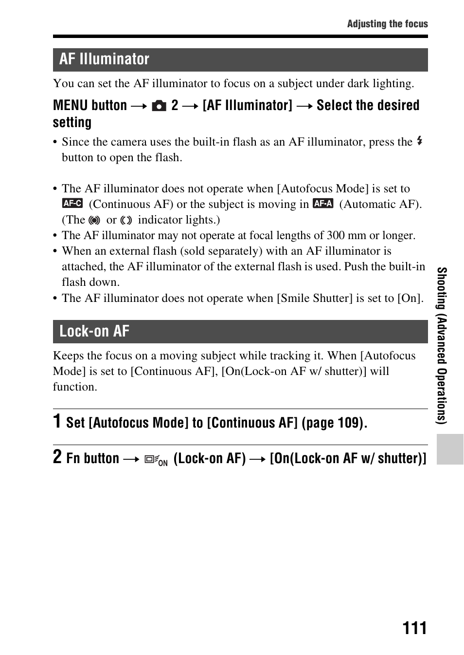 Af illuminator, Lock-on af, Af illuminator lock-on af | On af (111) | Sony SLT-A58 User Manual | Page 111 / 215