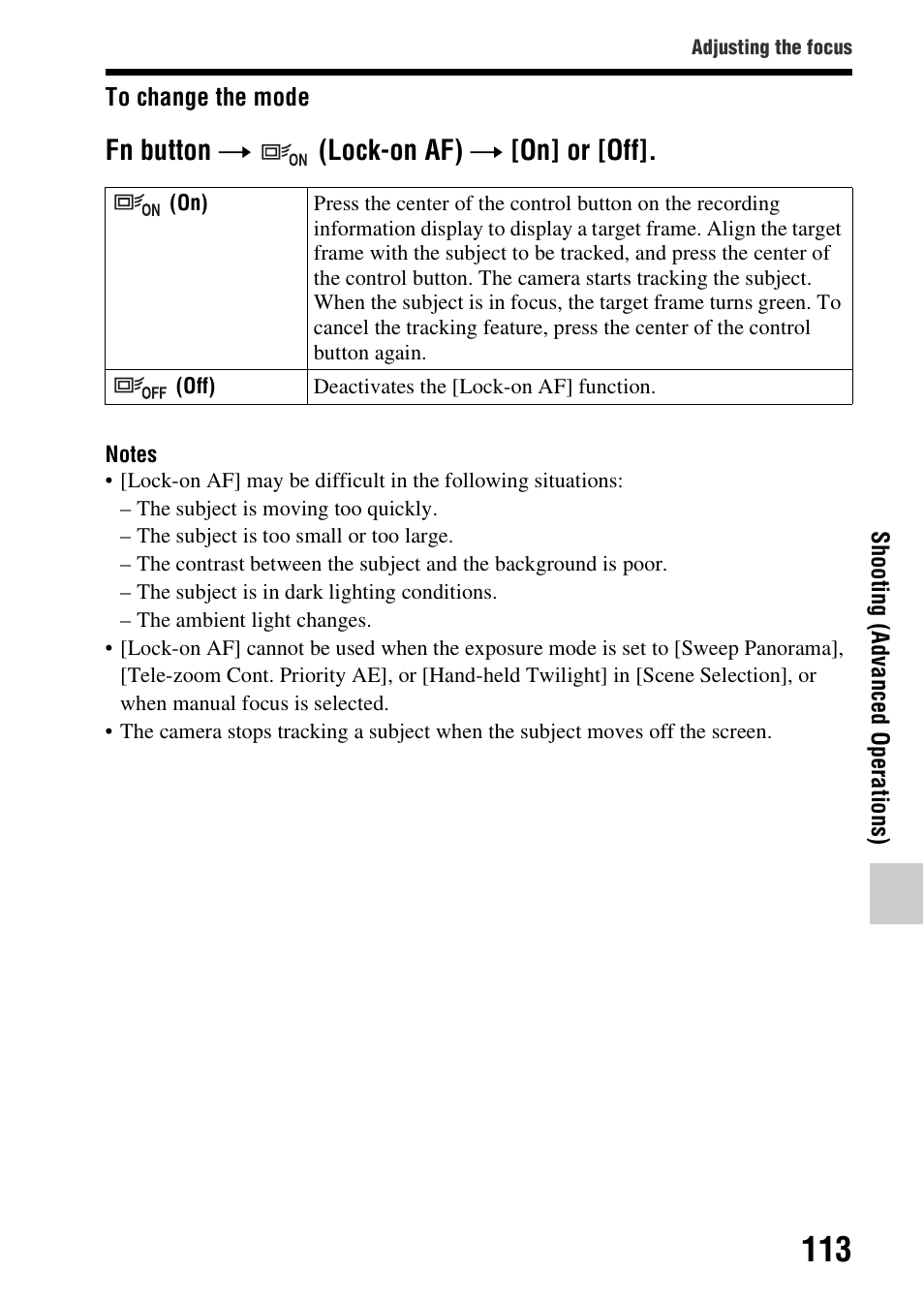 Fn button t (lock-on af) t [on] or [off | Sony SLT-A58 User Manual | Page 113 / 215