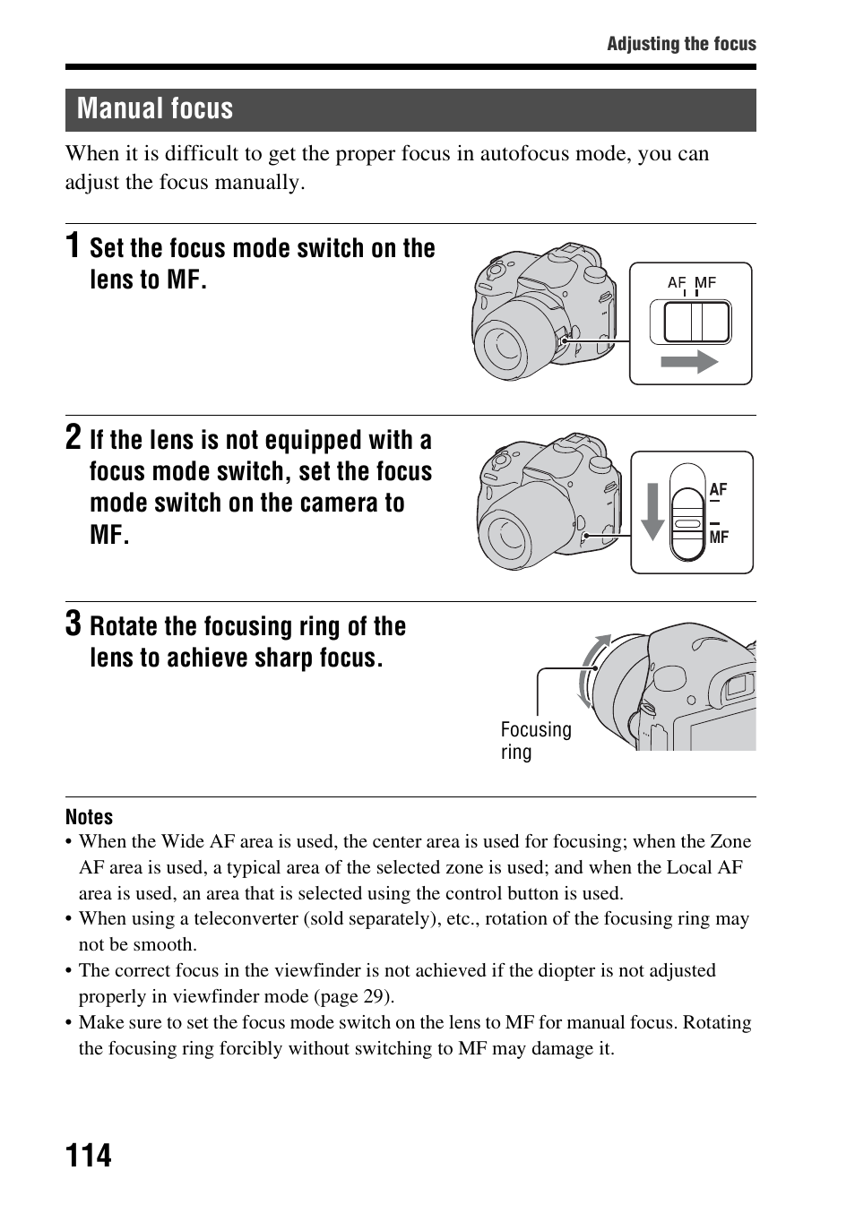 Manual focus | Sony SLT-A58 User Manual | Page 114 / 215