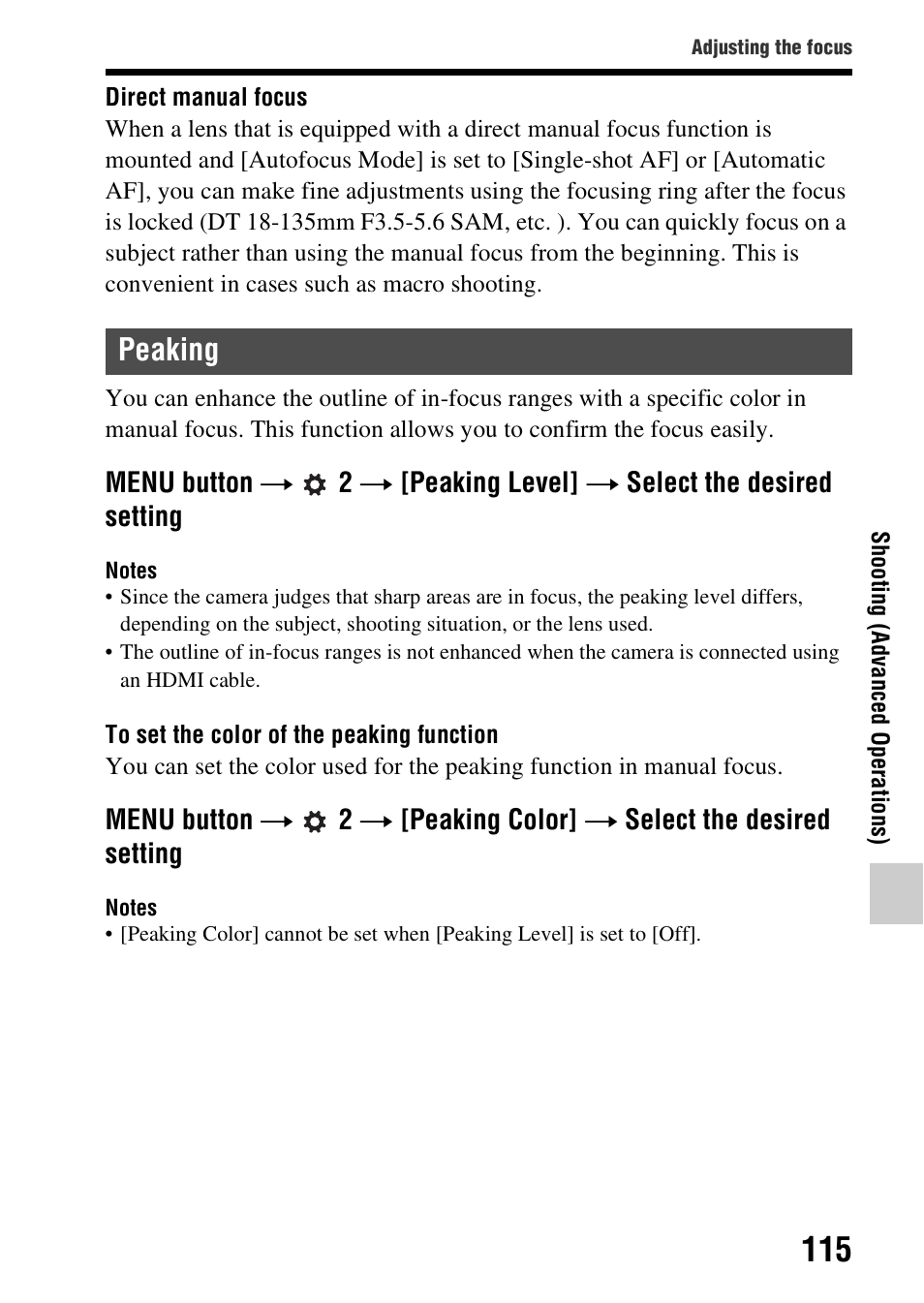 Peaking, Eaking level (115) | Sony SLT-A58 User Manual | Page 115 / 215